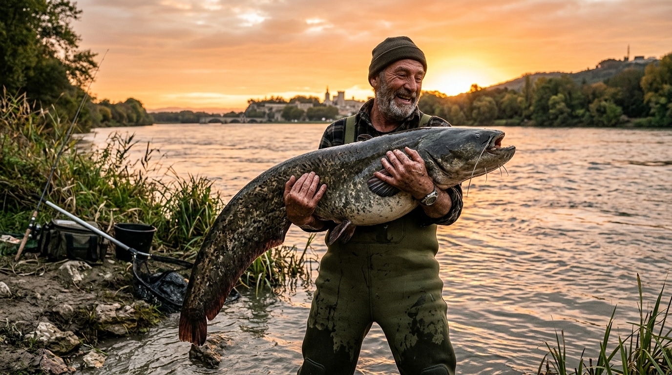 Pêcheur tenant un énorme silure au bord du Rhône