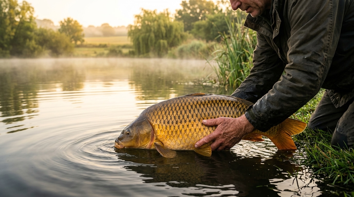 Relâche d'une grosse carpe dans un lac français