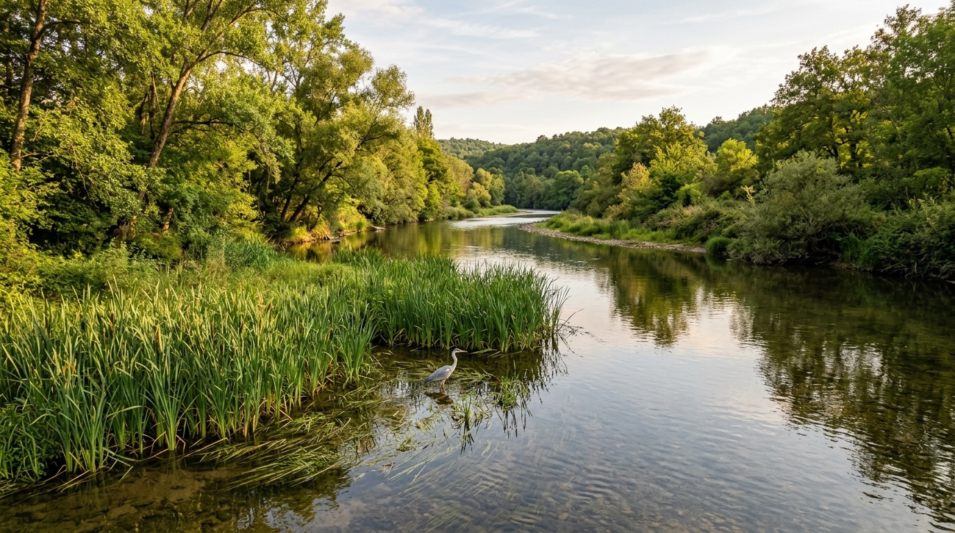 Rivière française calme avec végétation et héron