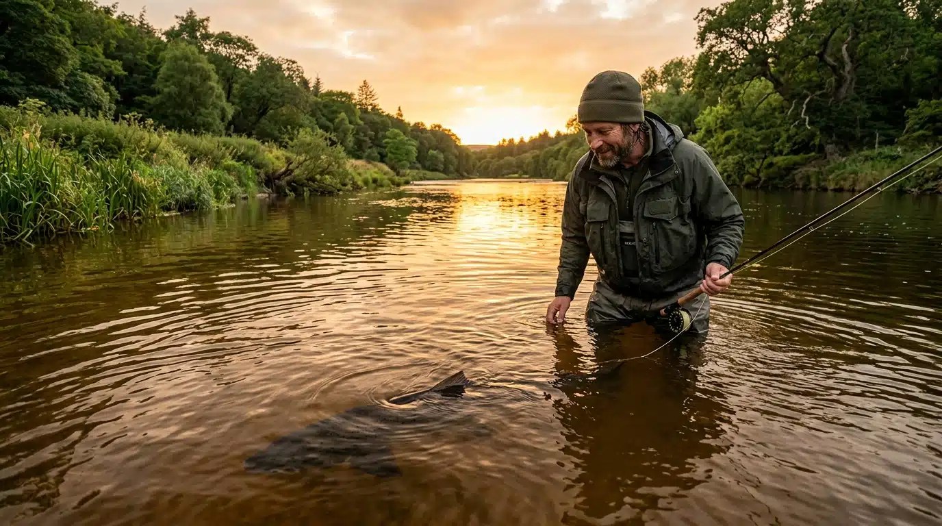 Pêcheur observant une ombre géante sous l'eau d'une rivière