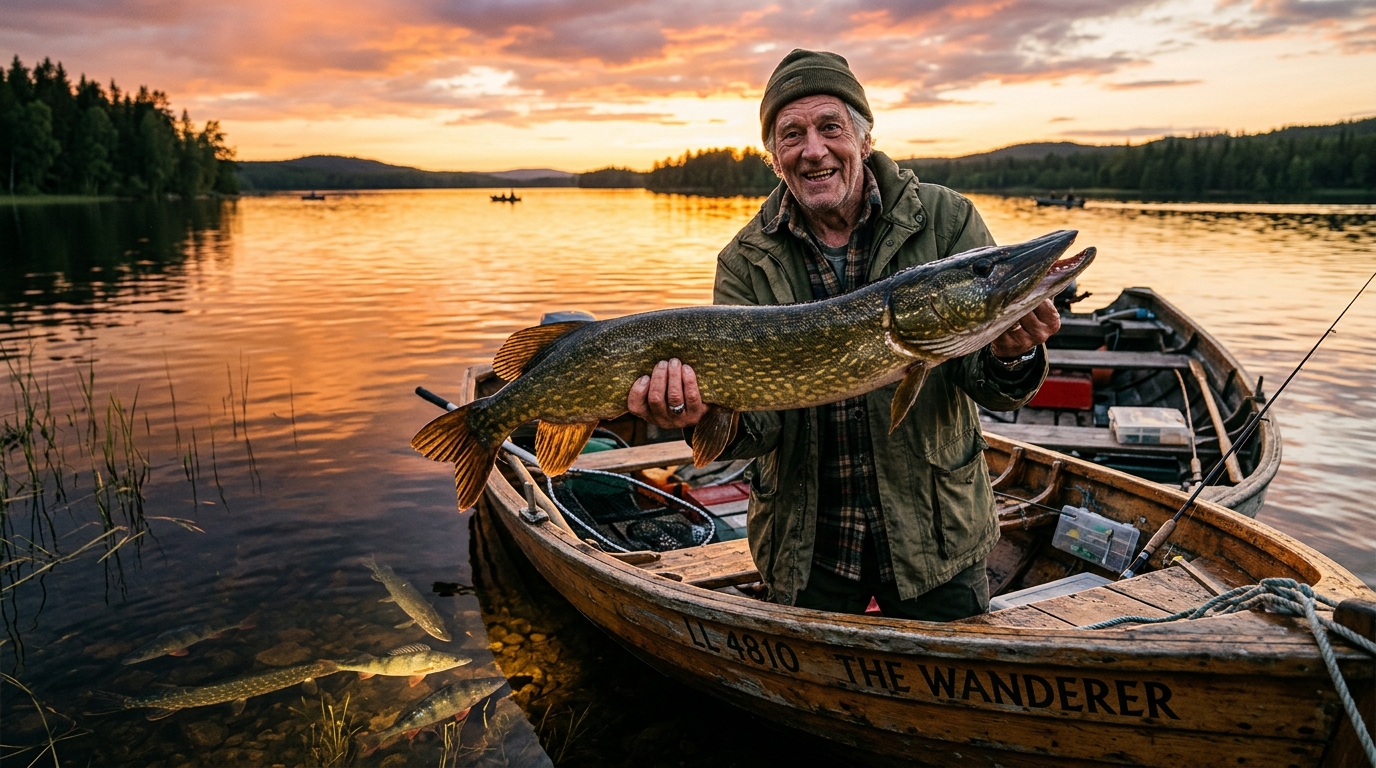 Pêcheur tenant un brochet record au coucher du soleil