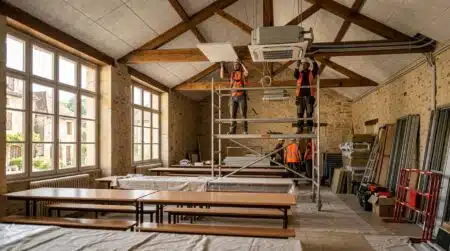 Cantine scolaire en travaux de rénovation dans un village