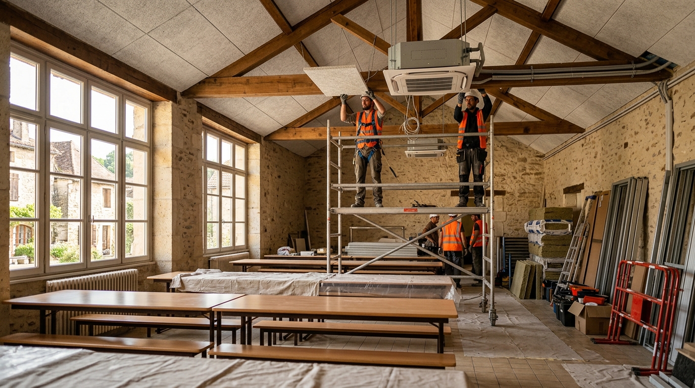 Cantine scolaire en travaux de rénovation dans un village