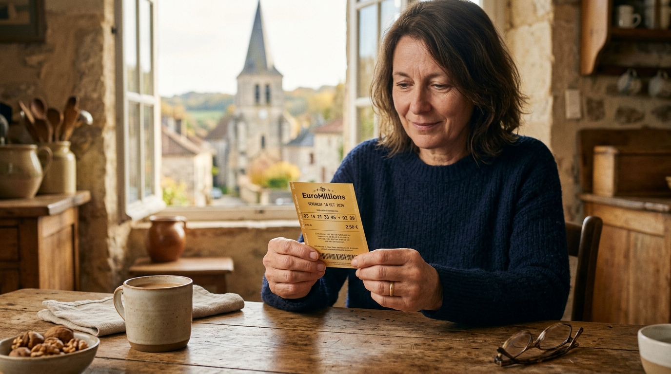Mains tenant un ticket de loterie près d'une fenêtre de village