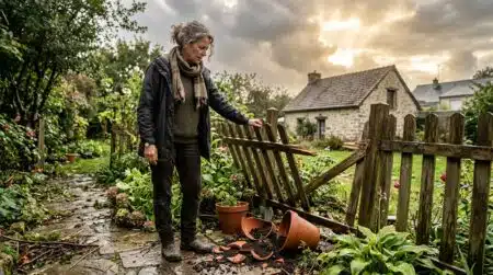 Femme inspectant son jardin endommagé après un orage de grêle