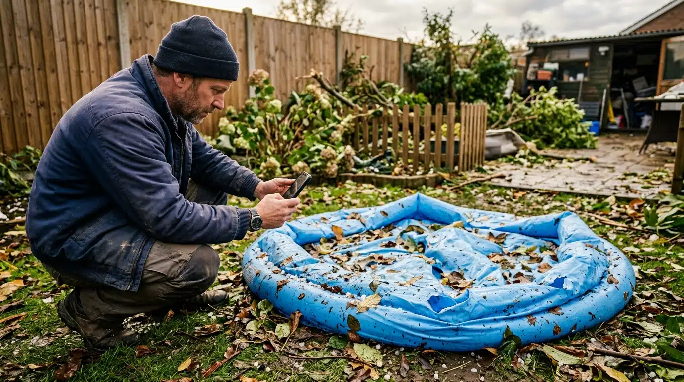 Homme photographiant une piscine gonflable crevée après la tempête