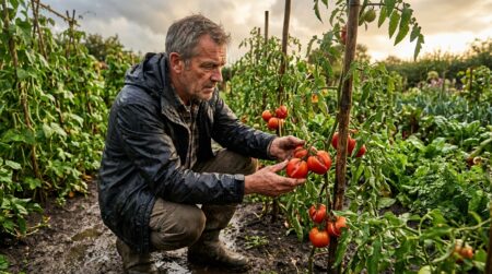 Jardinier inspecte des tomates fendues après un orage