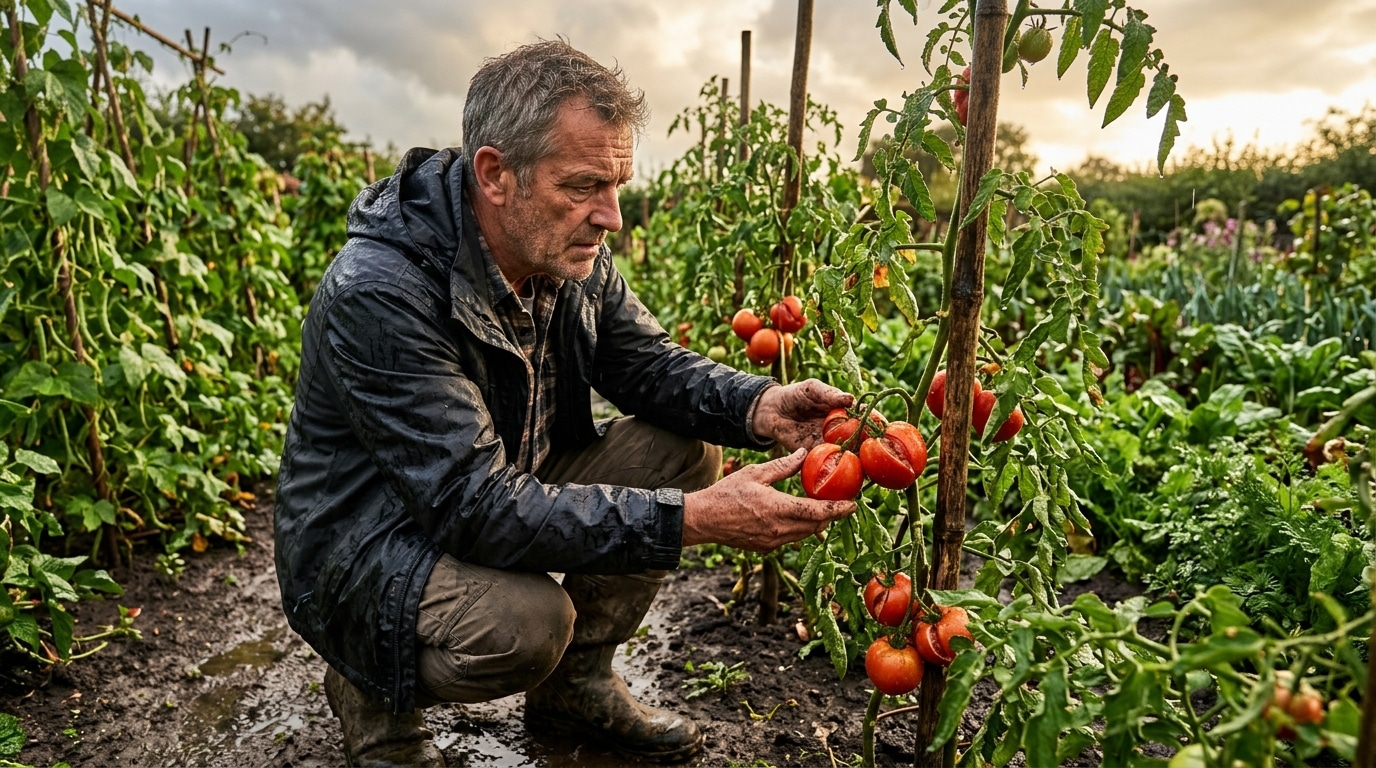 Jardinier inspecte des tomates fendues après un orage