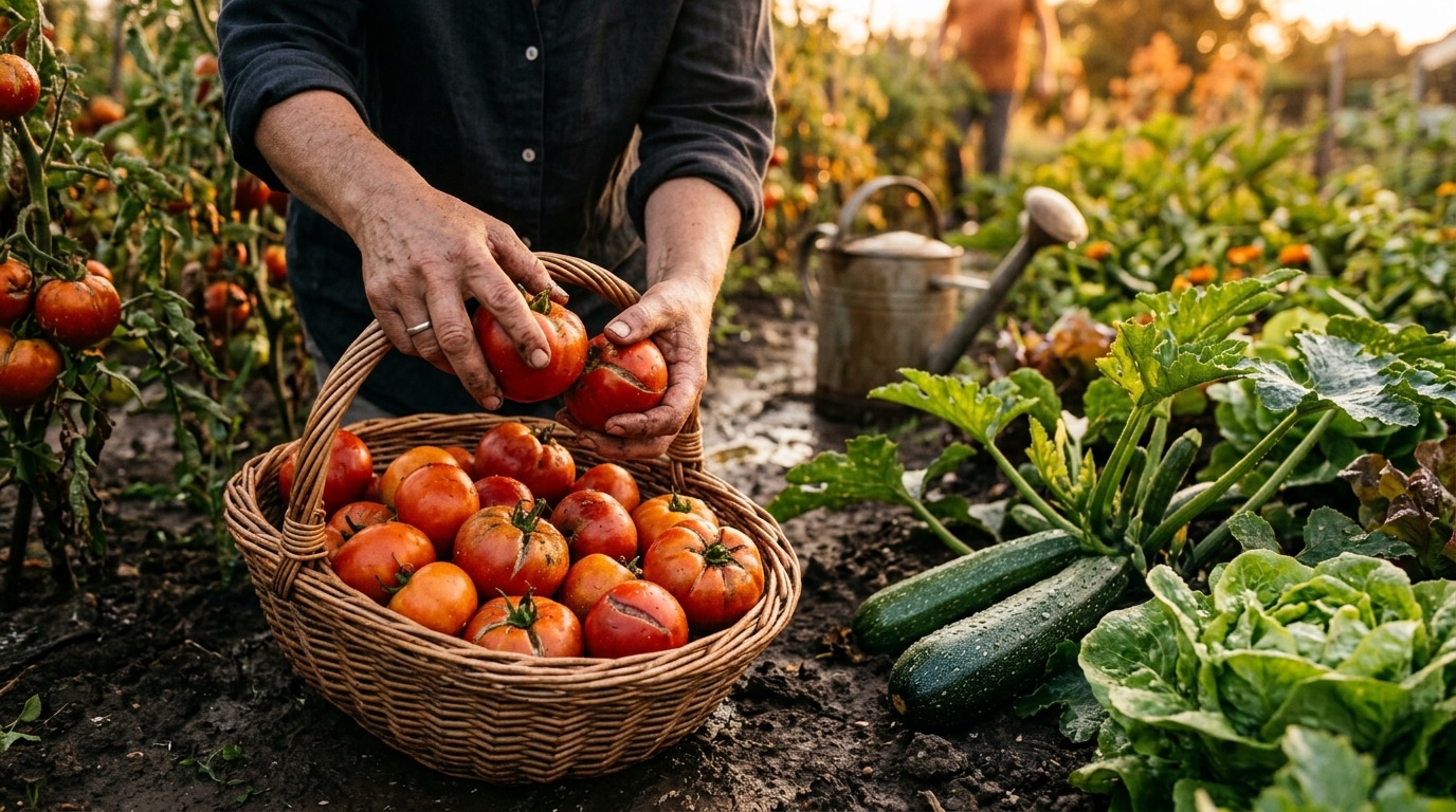 Récolte de tomates fendues dans un panier en osier