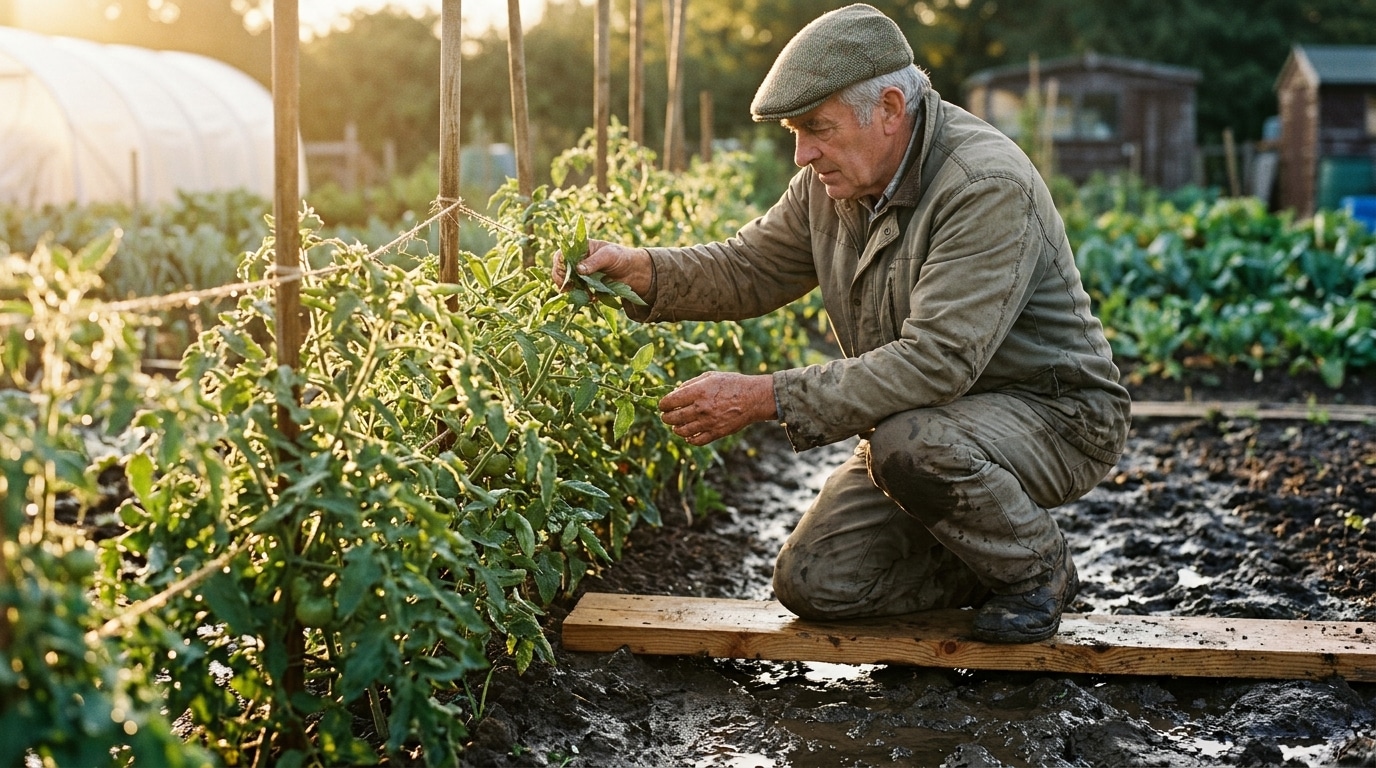 Jardinier utilise une planche pour ne pas tasser la terre