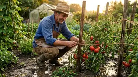 Jardinier retuteurant un plant de tomate couché après l'orage