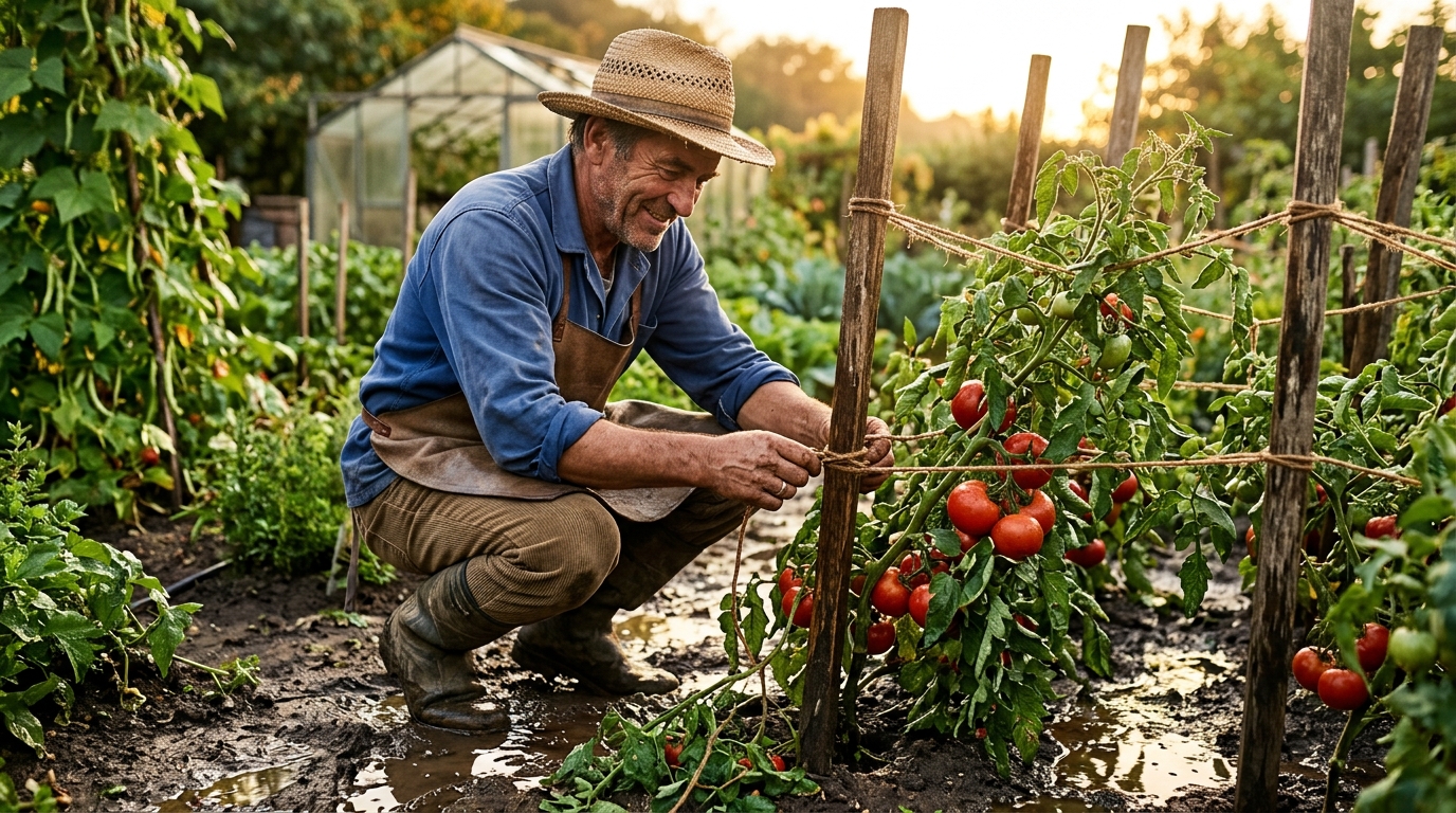 Jardinier retuteurant un plant de tomate couché après l'orage