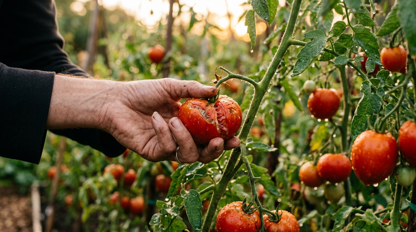Gardener retirant une tomate fendue sur le plant