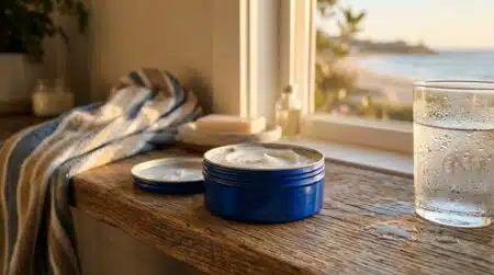 Pot de crème hydratante bleue ouvert près d'une fenêtre