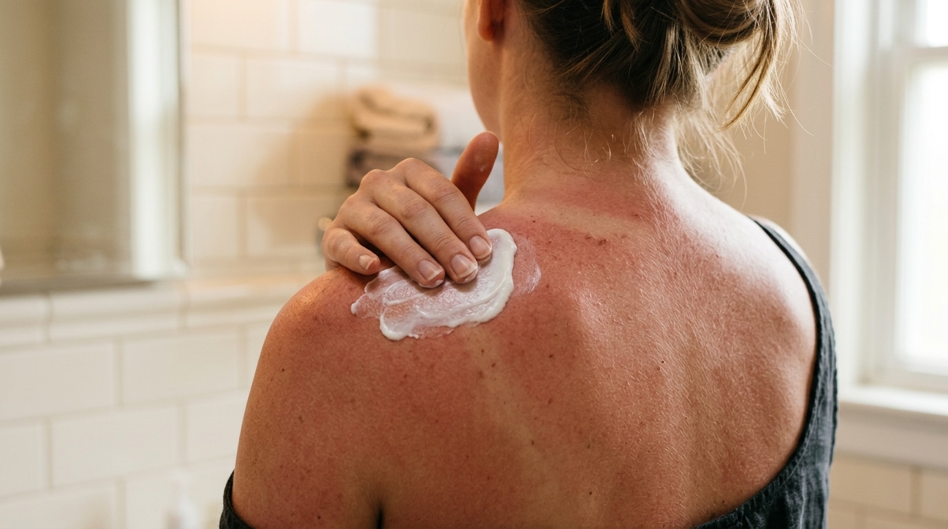 Main appliquant une crème sur une épaule rougie par le soleil