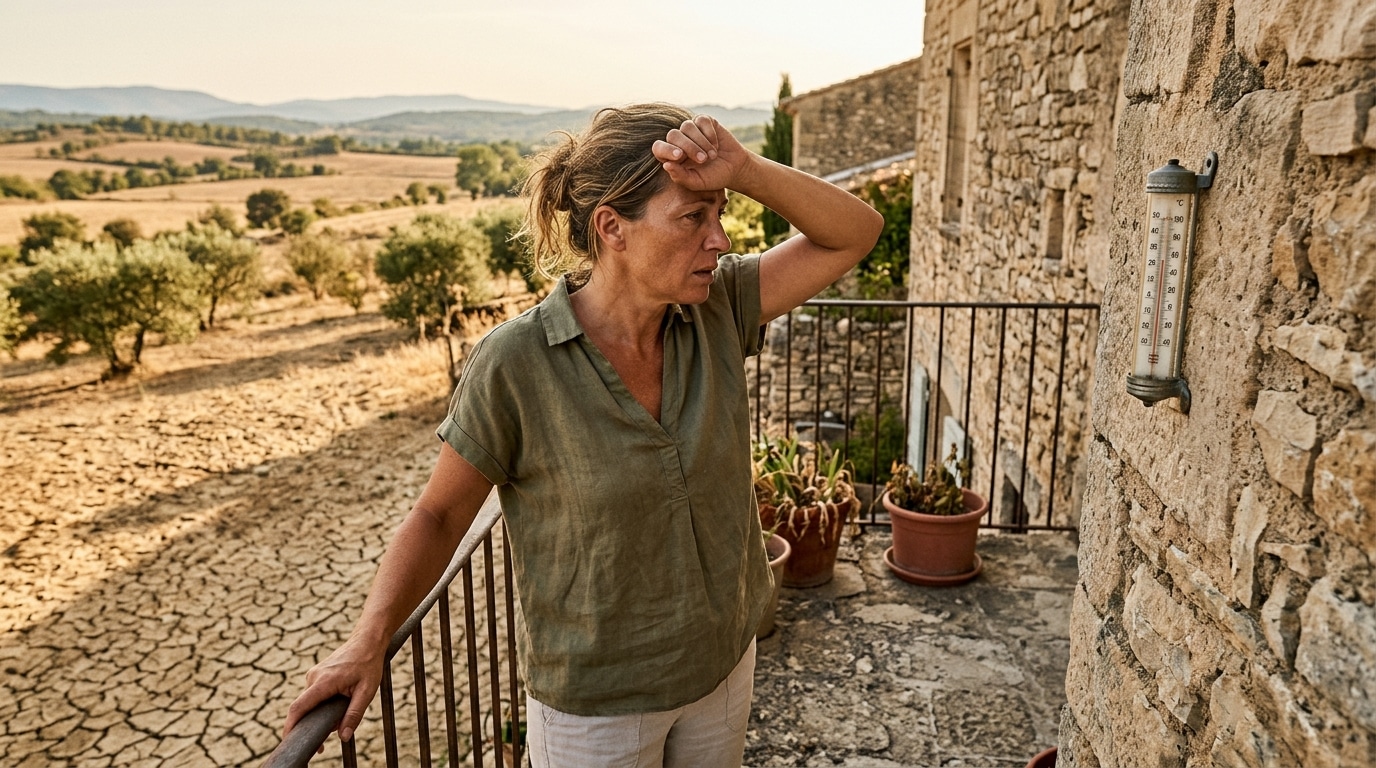 Femme sur une terrasse pendant la canicule de septembre