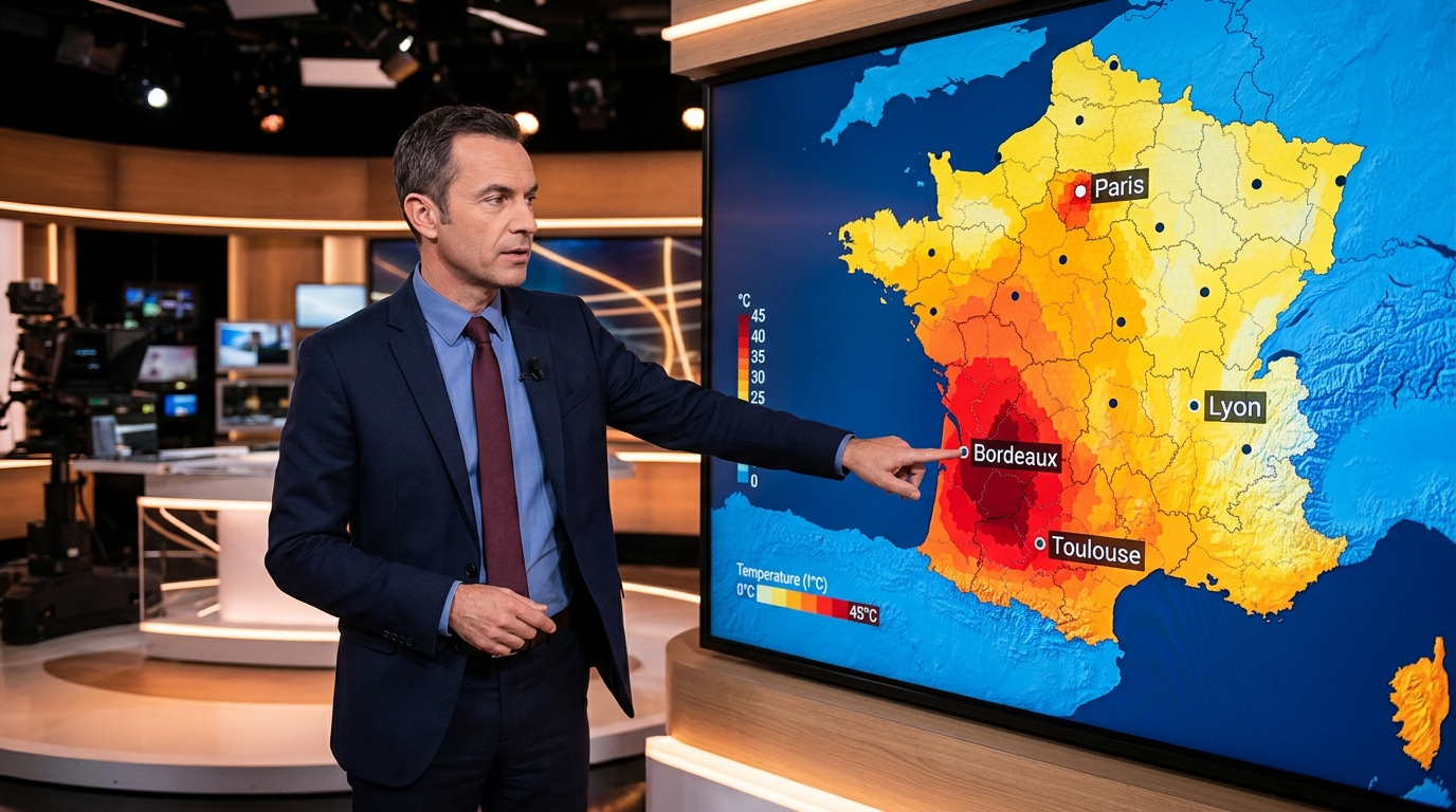 Météorologue présentant la carte de chaleur de la France