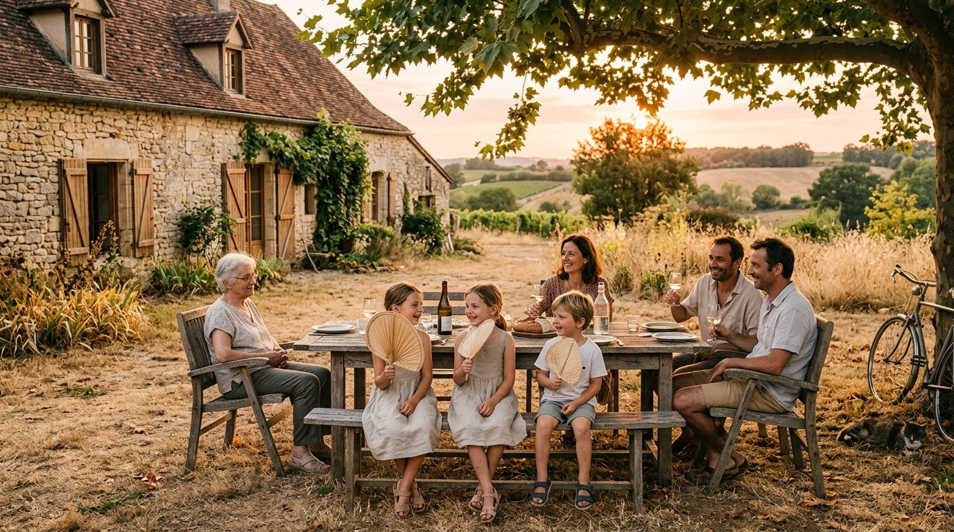 Famille cherchant l'ombre pendant la chaleur tardive