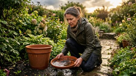 Femme vérifiant une soucoupe de pot remplie d'eau de pluie