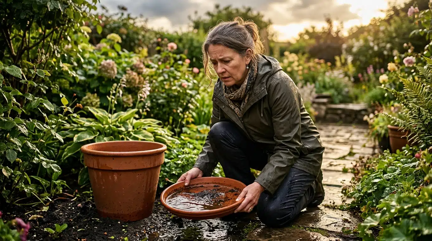 Femme vérifiant une soucoupe de pot remplie d'eau de pluie