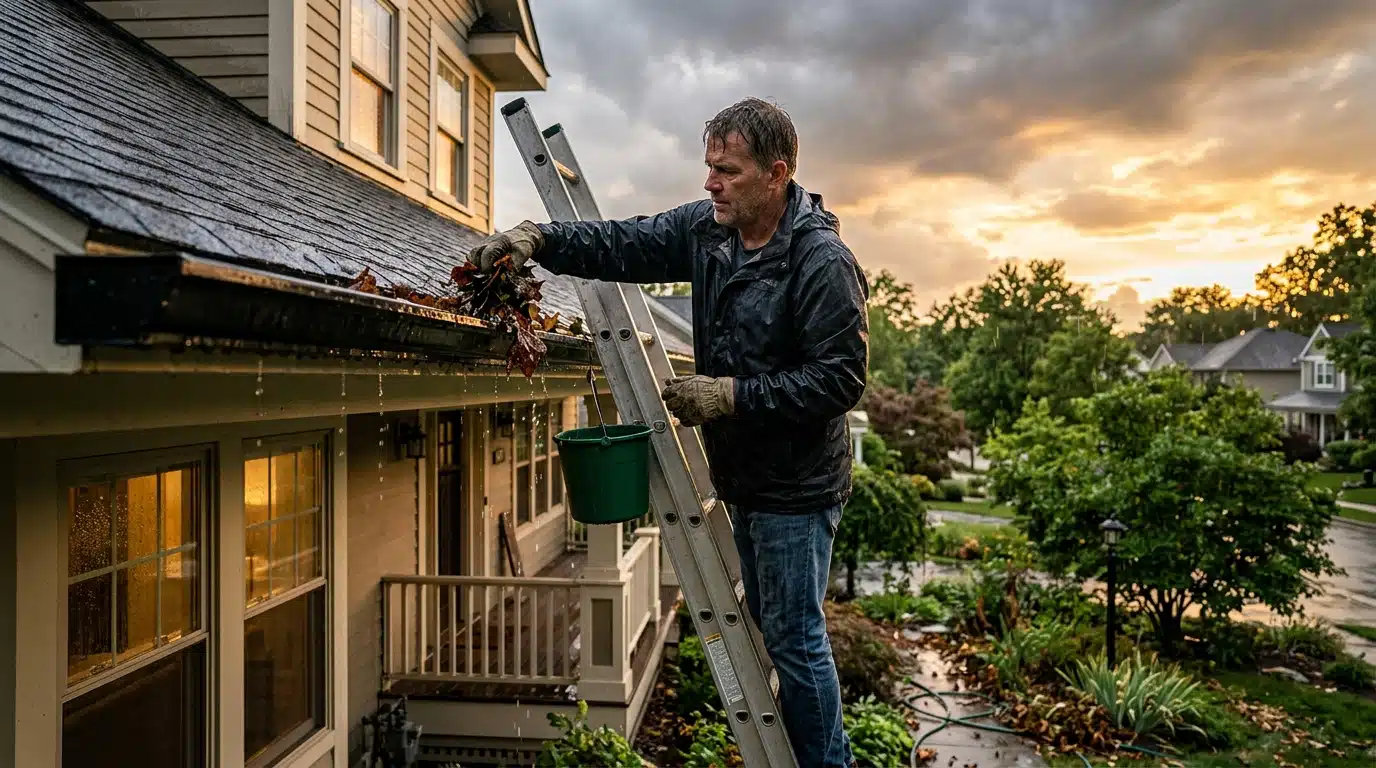 Homme nettoyant une gouttière obstruée après un orage