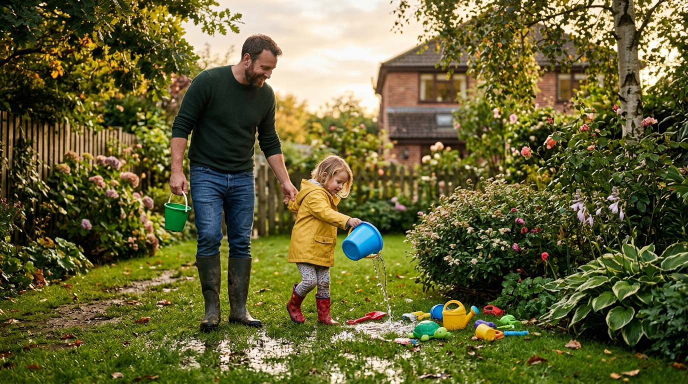 Père et enfant retournant des jouets de jardin après la pluie
