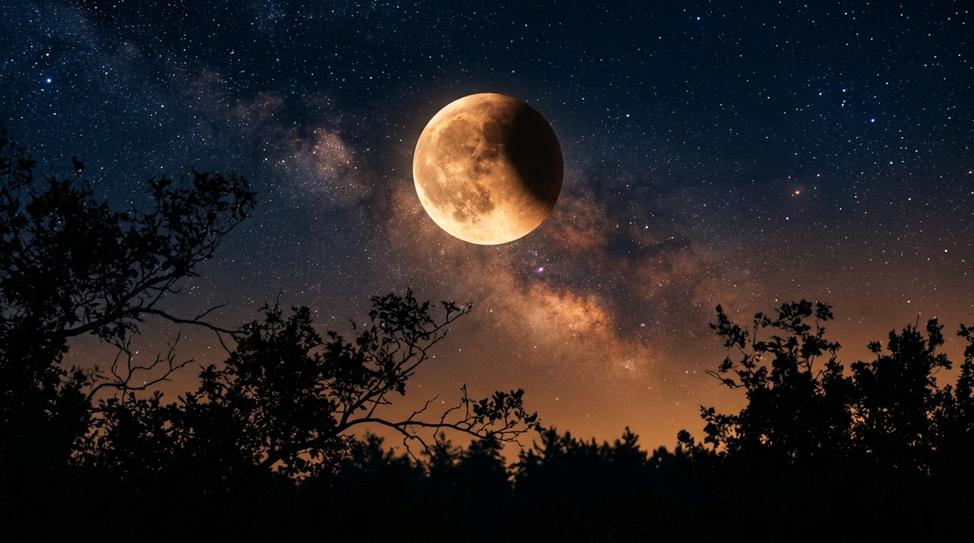 Ciel nocturne avec une éclipse lunaire orangée