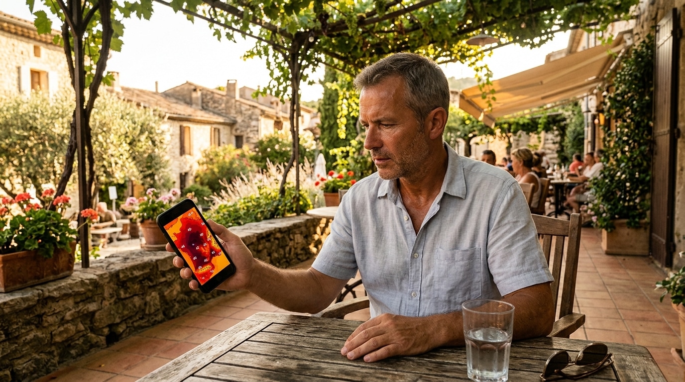 Homme consultant une carte météo de vigilance orange