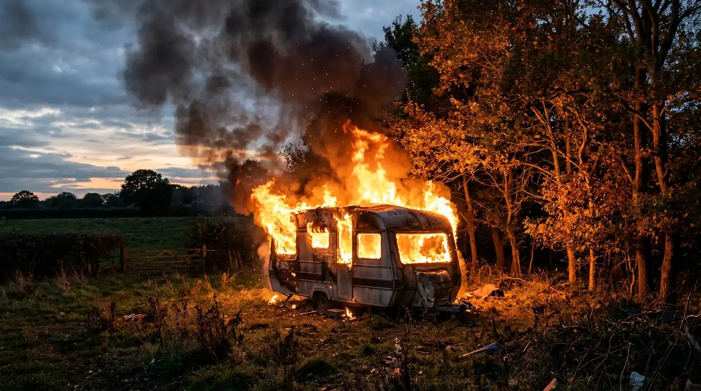 Caravane en feu sur un terrain isolé en Ardèche
