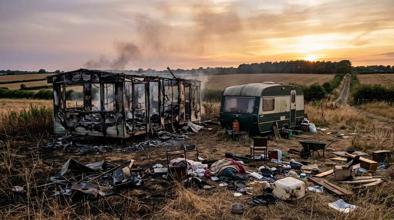 Terrain occupé par deux caravanes après l'incendie