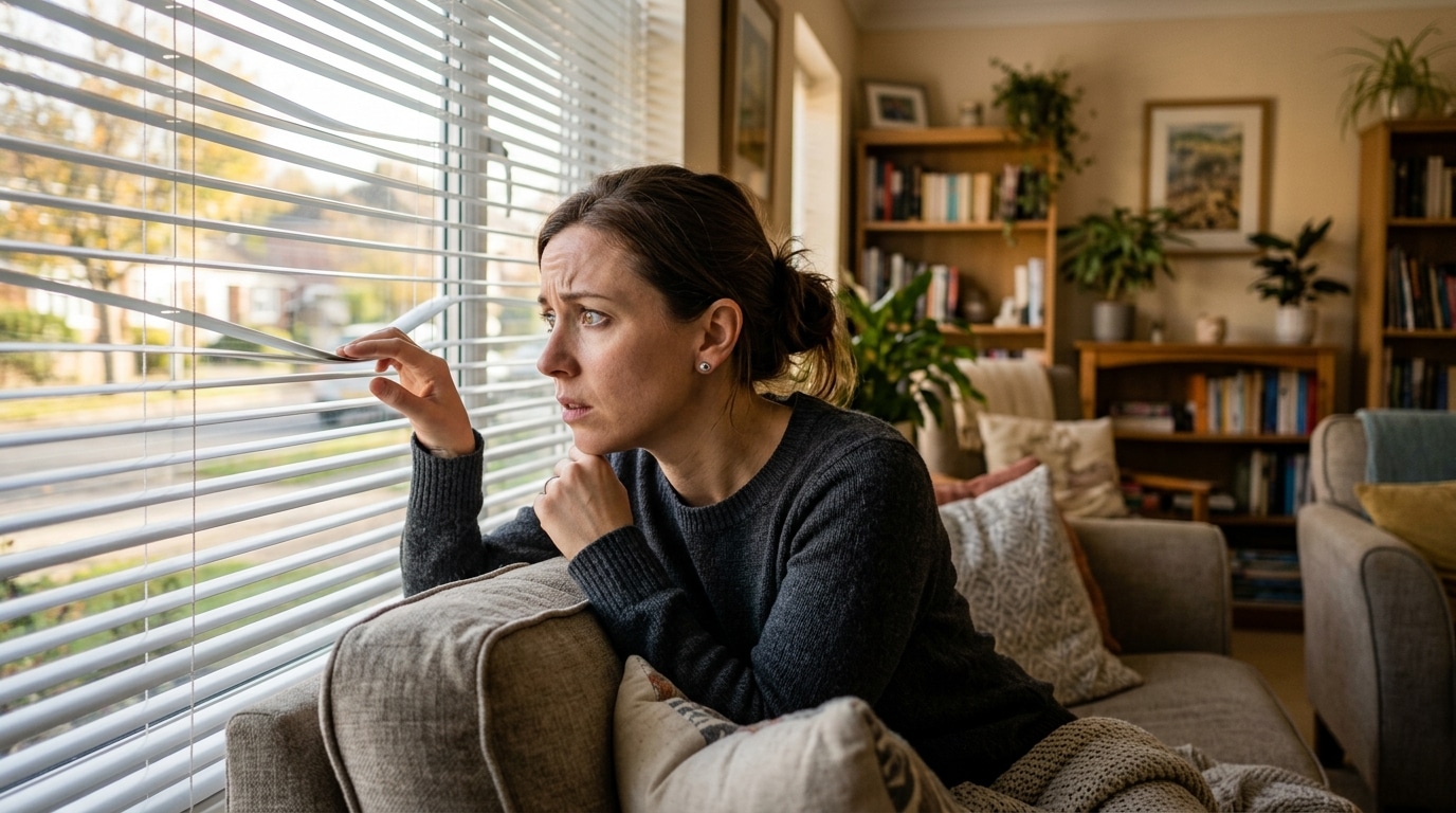Femme inquiète regardant par la fenêtre de son salon