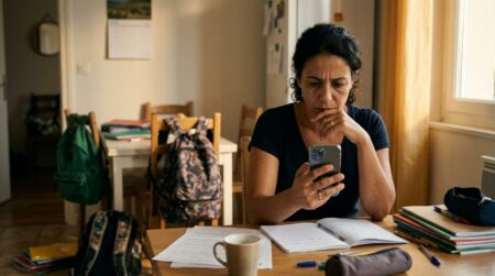 Mère vérifie le versement de l'allocation sur son téléphone