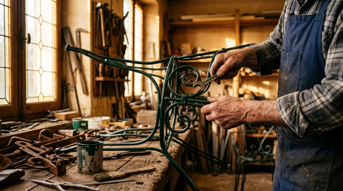 Artisan ajustant un fauteuil de jardin en fer vert