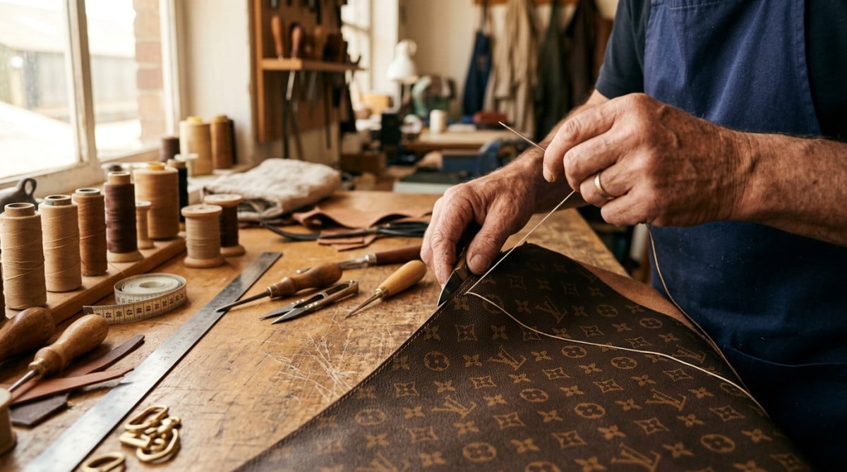 Artisan fabriquant un sac en cuir monogrammé