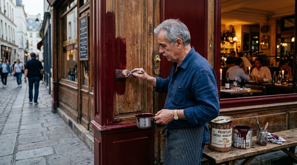 Artisan peintre repeignant une façade de bistrot en rouge