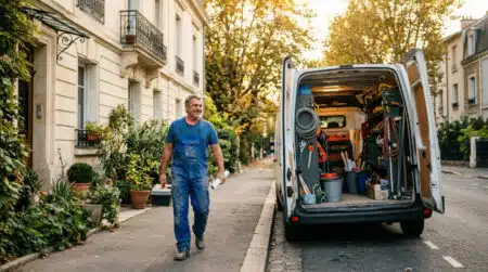Artisan plombier près de son camion utilitaire