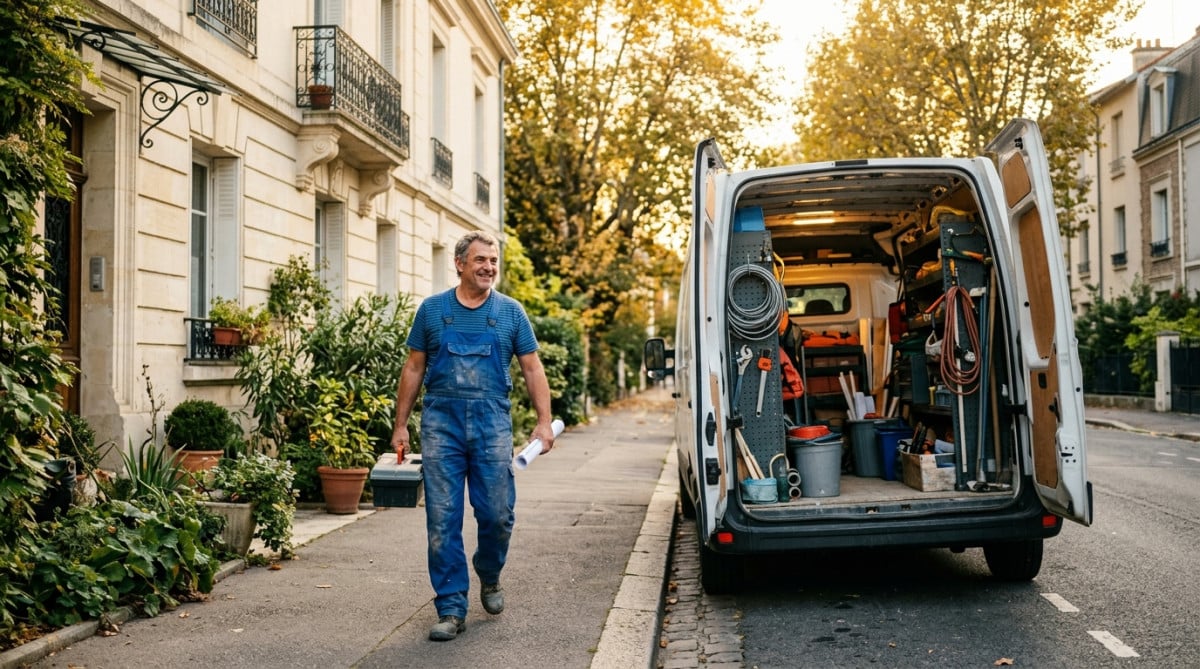Artisan plombier près de son camion utilitaire