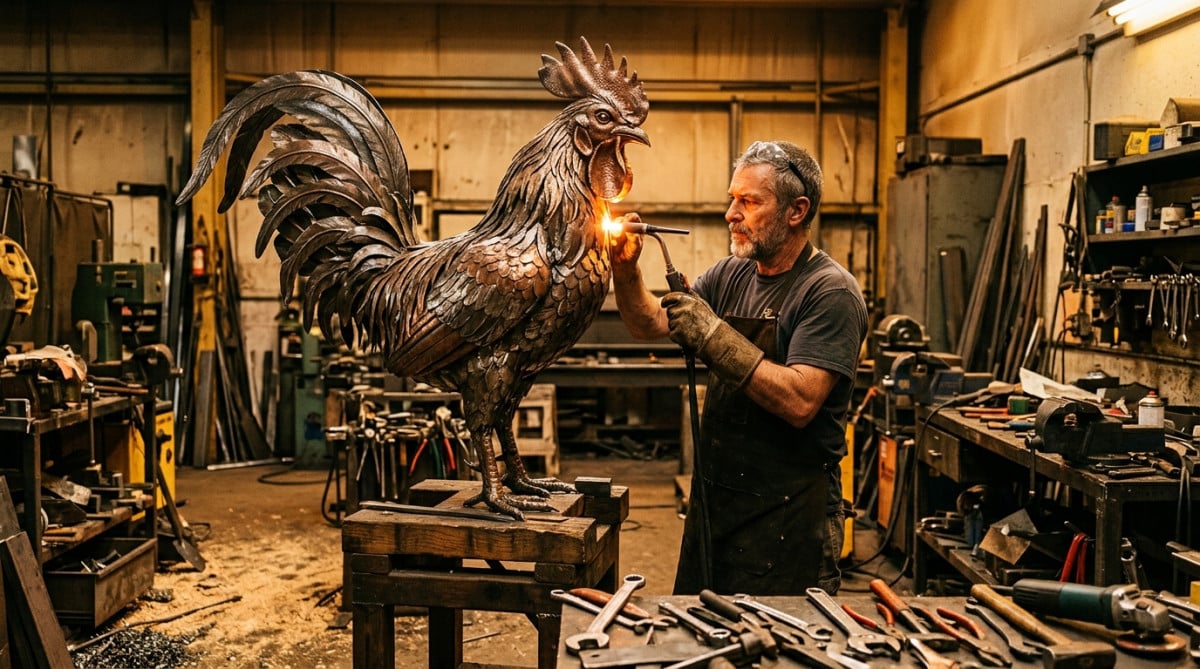 Artisan sculpteur fabricant une œuvre pour rond-point