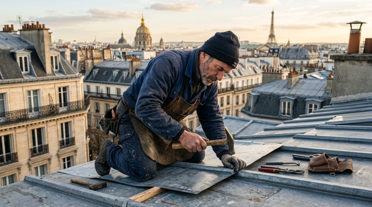 Artisan zingueur posant une plaque de zinc sur un toit parisien