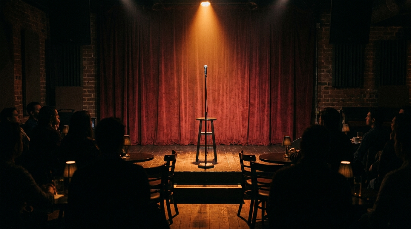 Scène de stand-up éclairée dans une ambiance chaleureuse