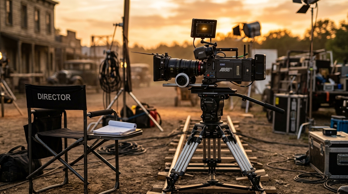 Caméra de cinéma installée sur un tournage