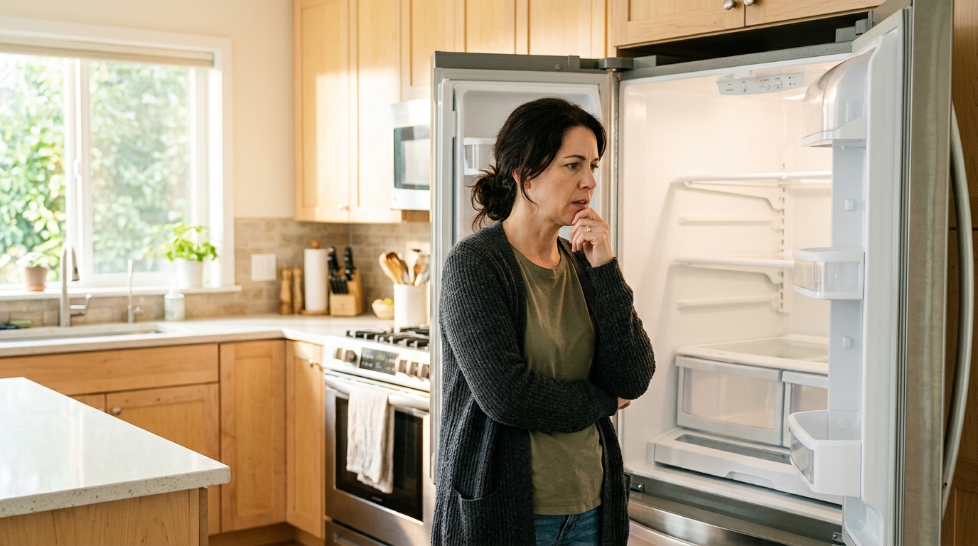 Femme inquiète devant un frigo vide un samedi matin