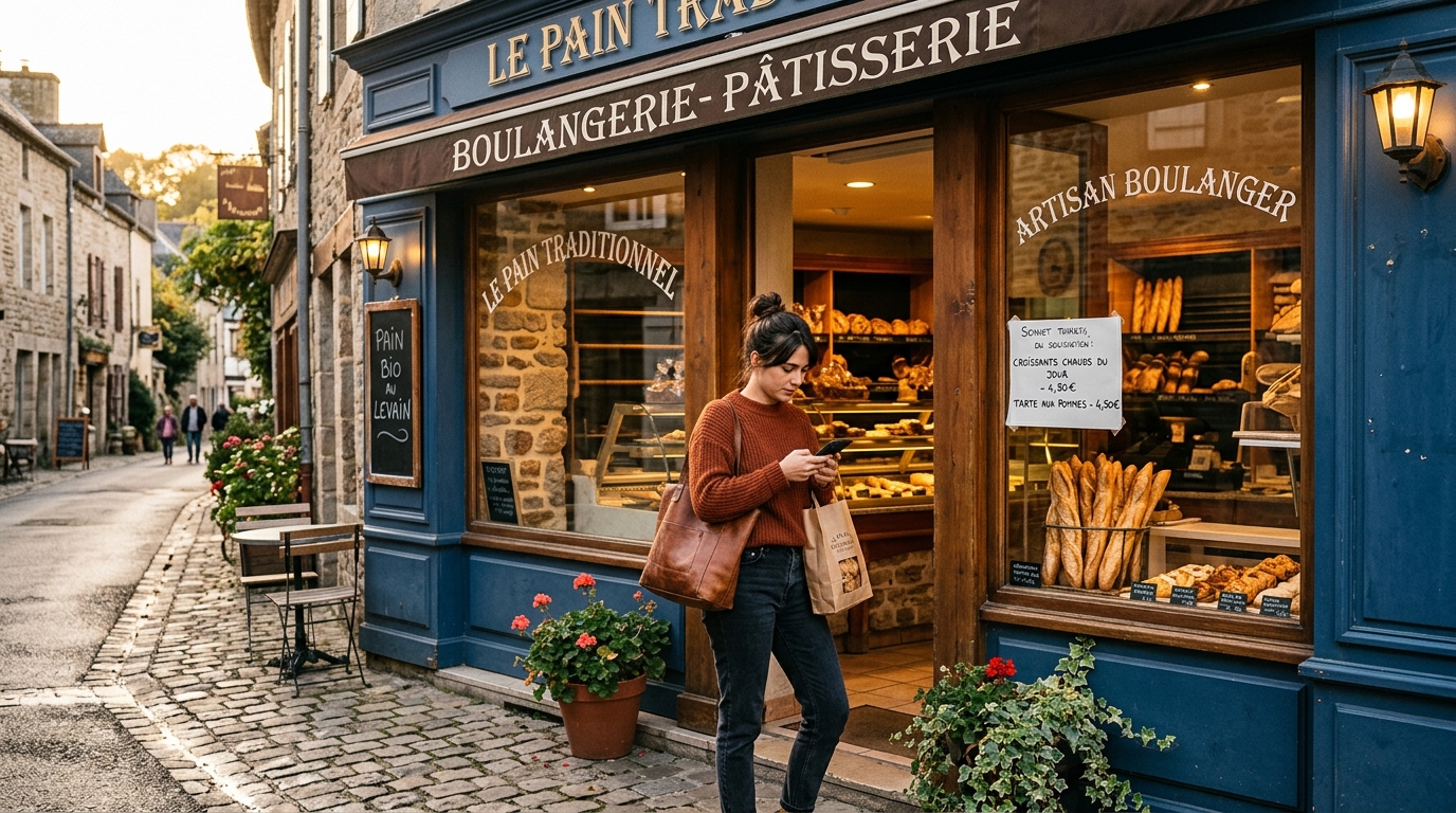 Boulangerie française avec pancarte d'horaires affichée