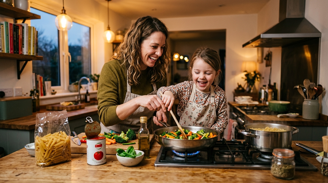 Famille préparant un repas de secours le vendredi soir