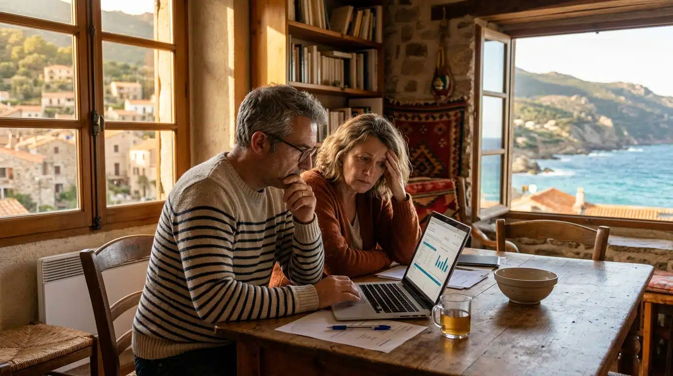 Couple inquiet consultant sa facture d'assurance habitation