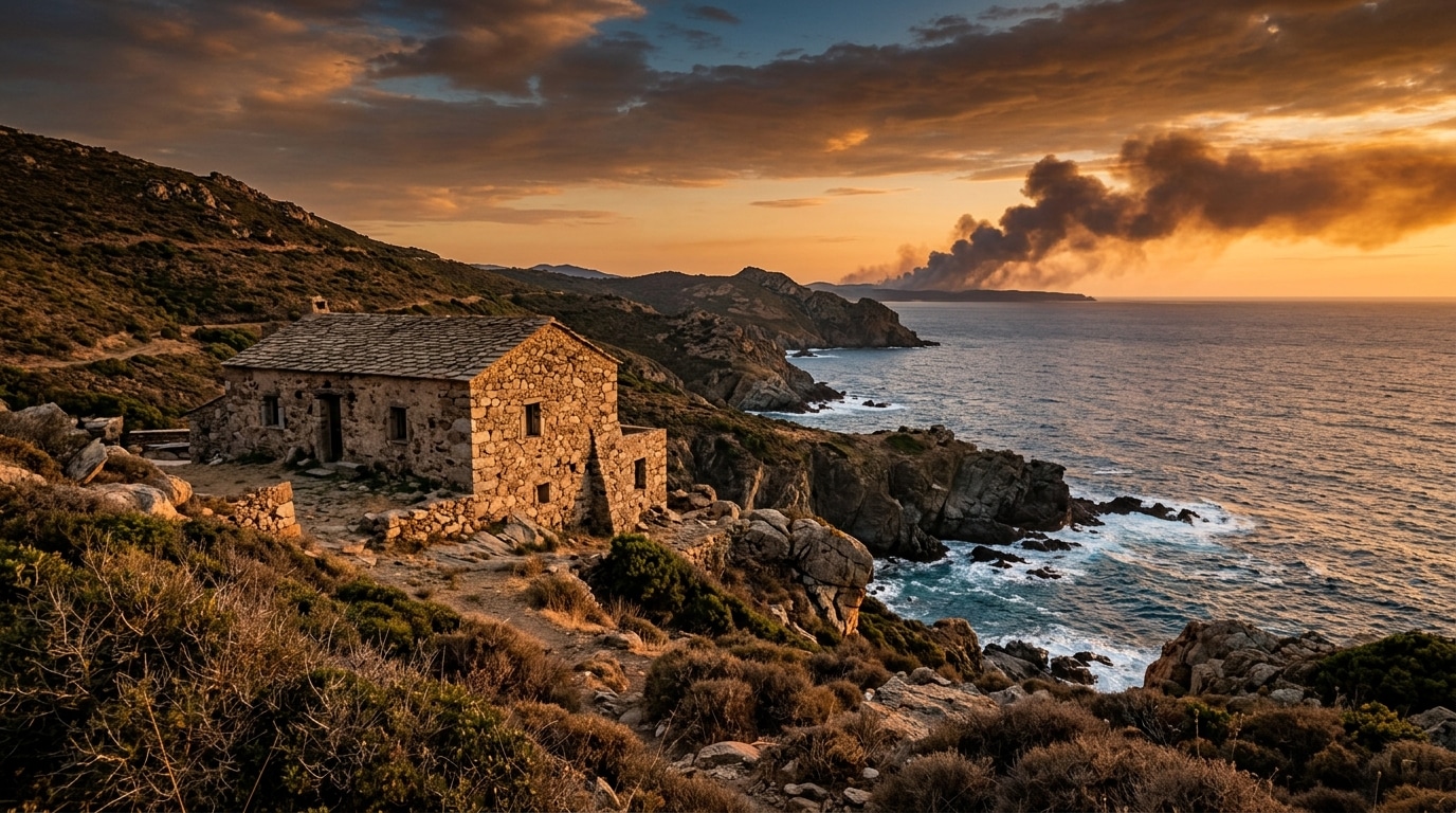 Maison en pierre corse près d'un incendie de forêt