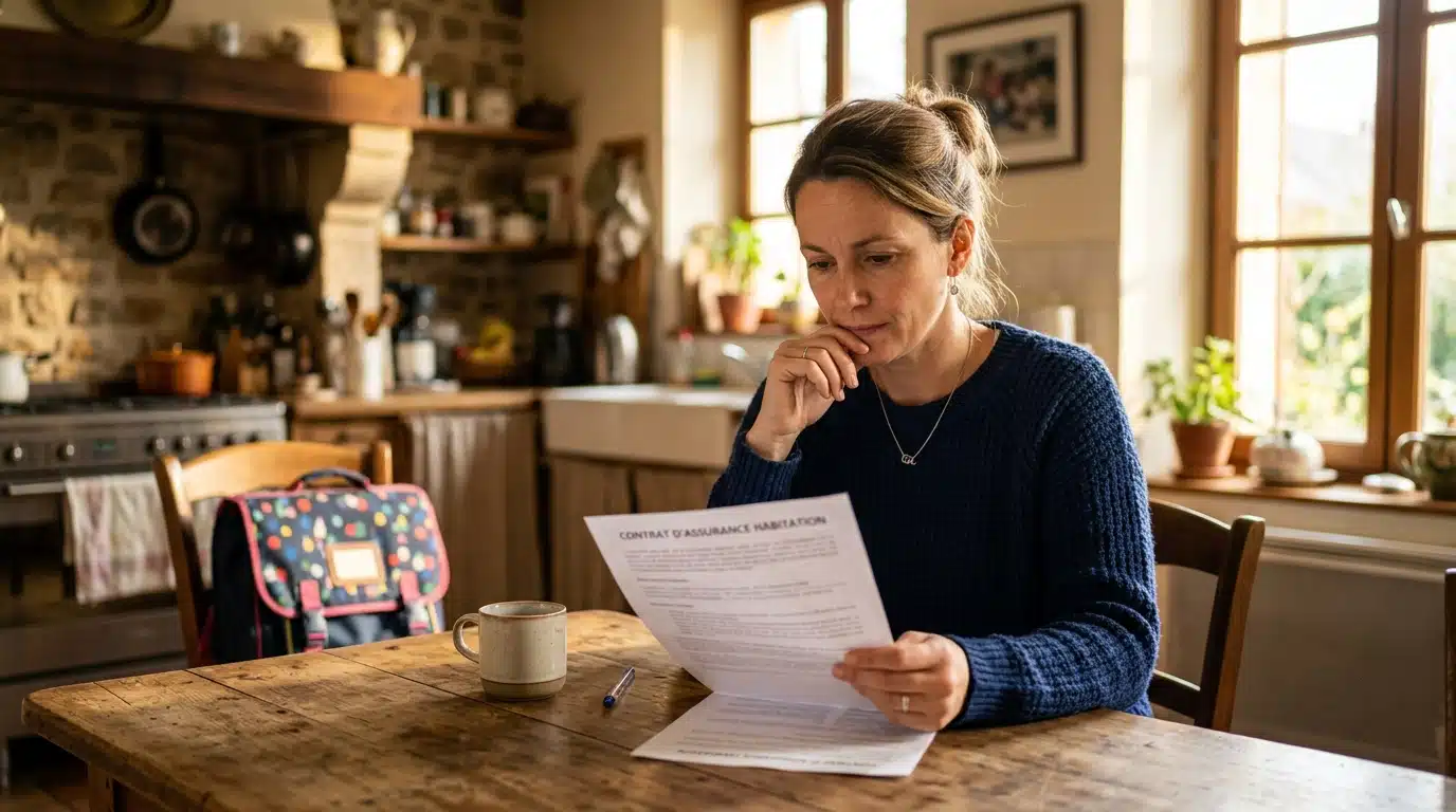 Parent vérifiant son contrat d'assurance habitation à la maison