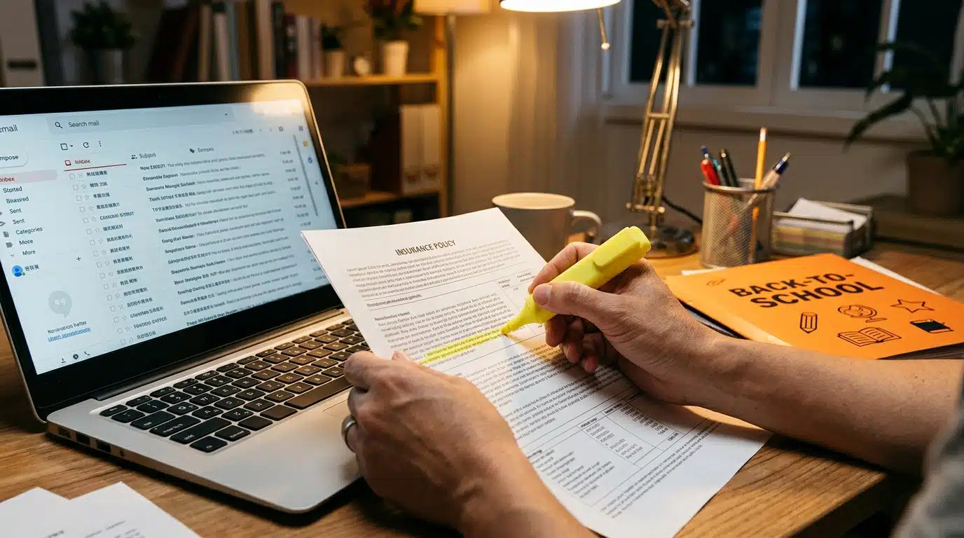 Main soulignant une clause d'assurance scolaire sur un document