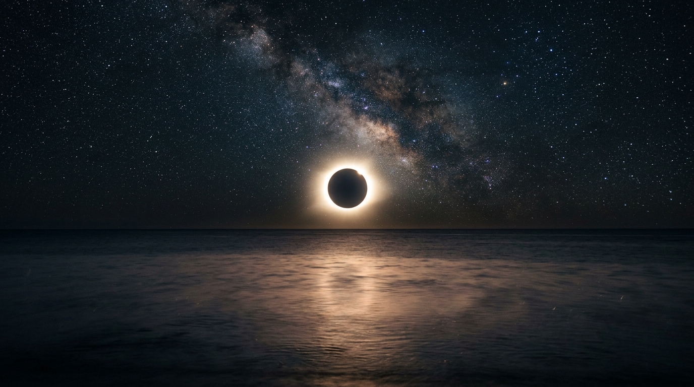 Ciel étoilé et éclipse solaire au-dessus de l'océan