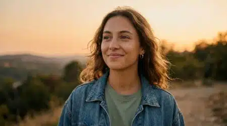 Femme souriante au coucher de soleil apaisée
